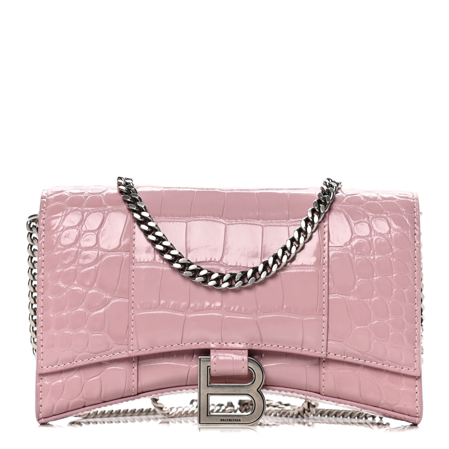 Balenciaga Shiny Calfskin Crocodile Embossed Hourglass Chain Bag Powder Pink 1 of 8