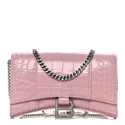 Balenciaga Shiny Calfskin Crocodile Embossed Hourglass Chain Bag Powder Pink 1 of 8