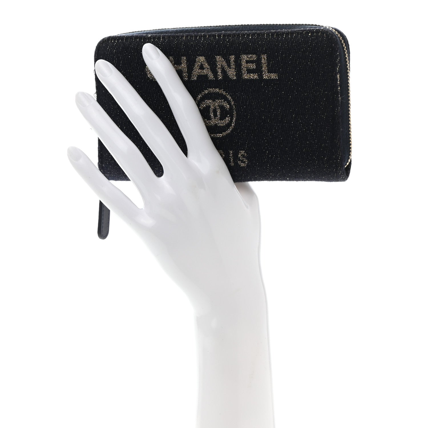 Chanel Lurex Canvas Medium Deauville Zip Around Wallet Navy Blue Gold 2 of 9