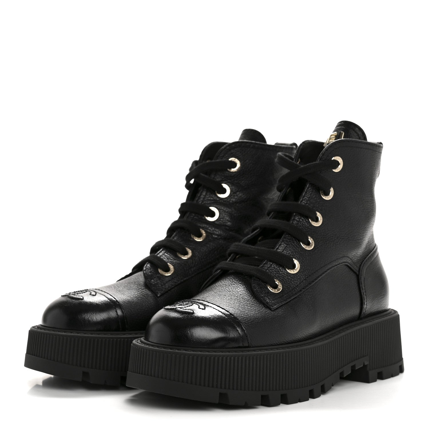 Chanel Grained Calfskin Shiny Calfskin CC Lace Up Combat Boots 36