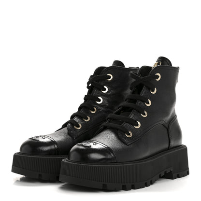 Chanel Grained Calfskin Shiny Calfskin CC Lace Up Combat Boots 36 Black 4 of 9