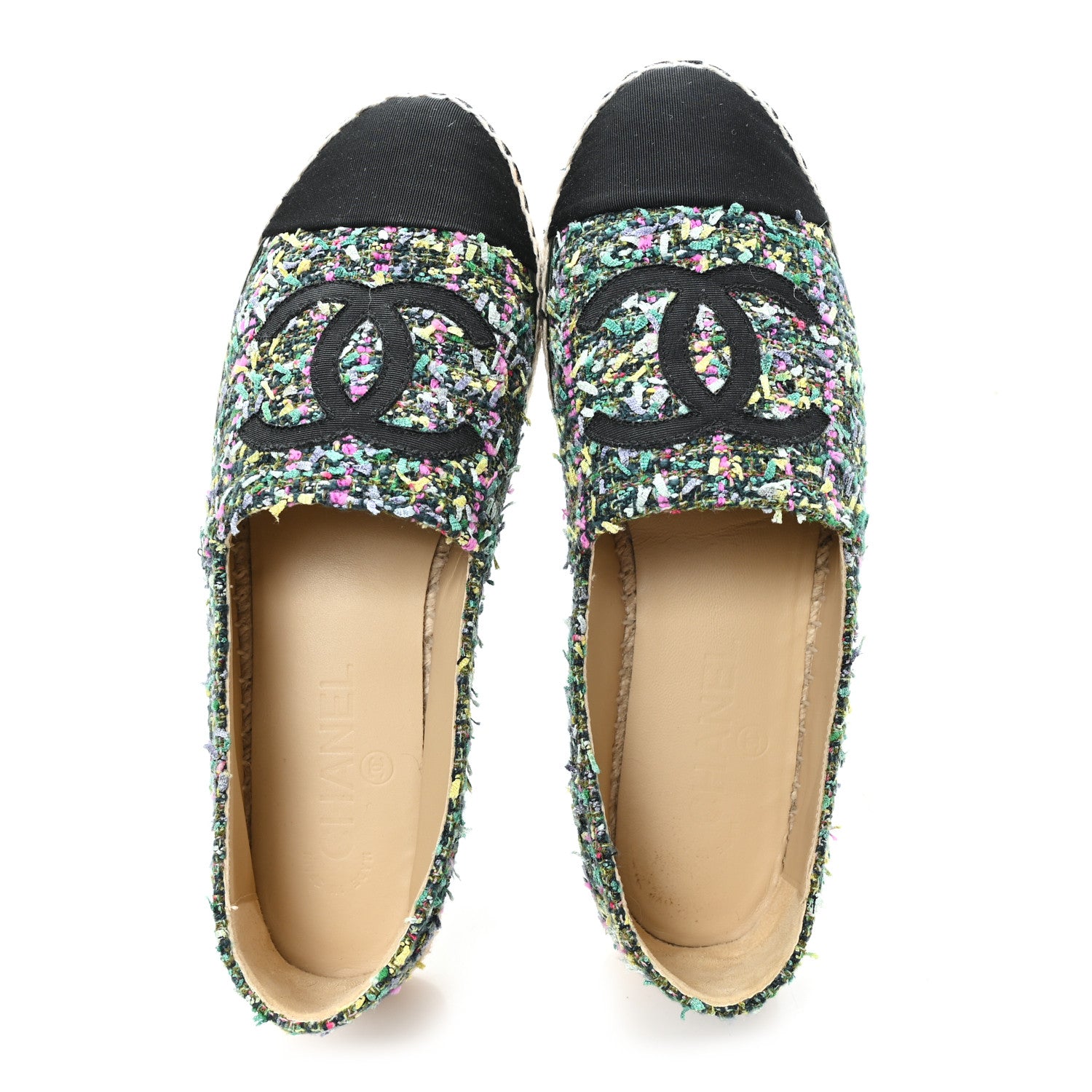 Chanel Tweed Grosgrain CC Espadrilles 39 Green Pink Yellow Black 2 of 10
