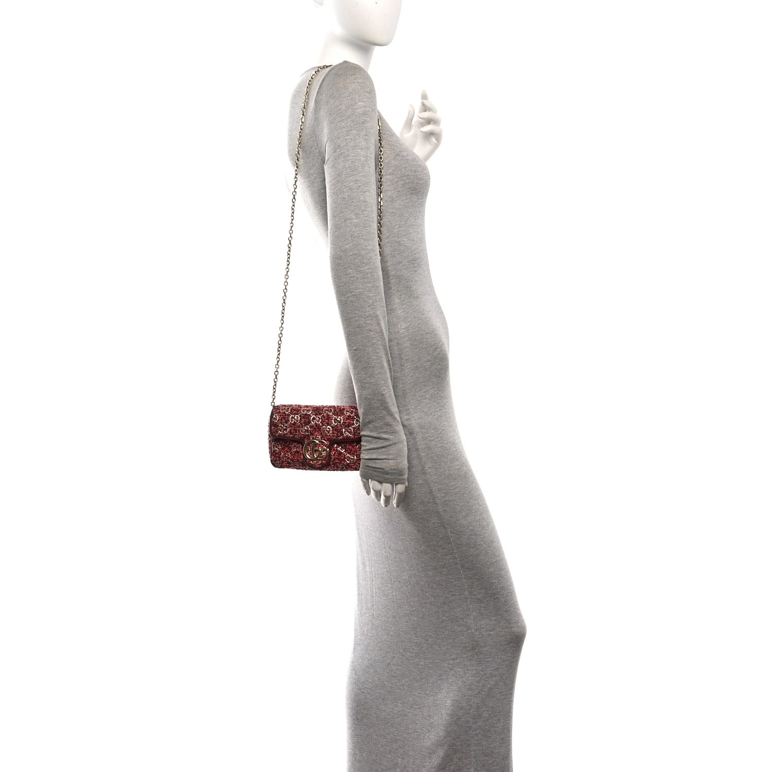 Gucci Tweed GG Monogram Mini GG Marmont Shoulder Bag Pink Red 2 of 12