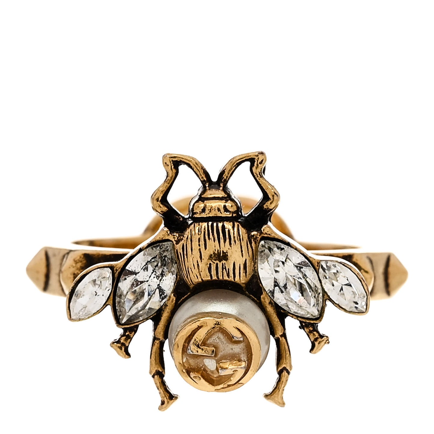Metal Crystal Pearl Bee Ring M 56 7.5 Aged Gold