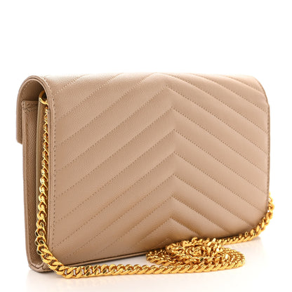 Saint Laurent Grain De Poudre Matelasse Chevron Monogram Chain Wallet Dark Beige 3 of 9