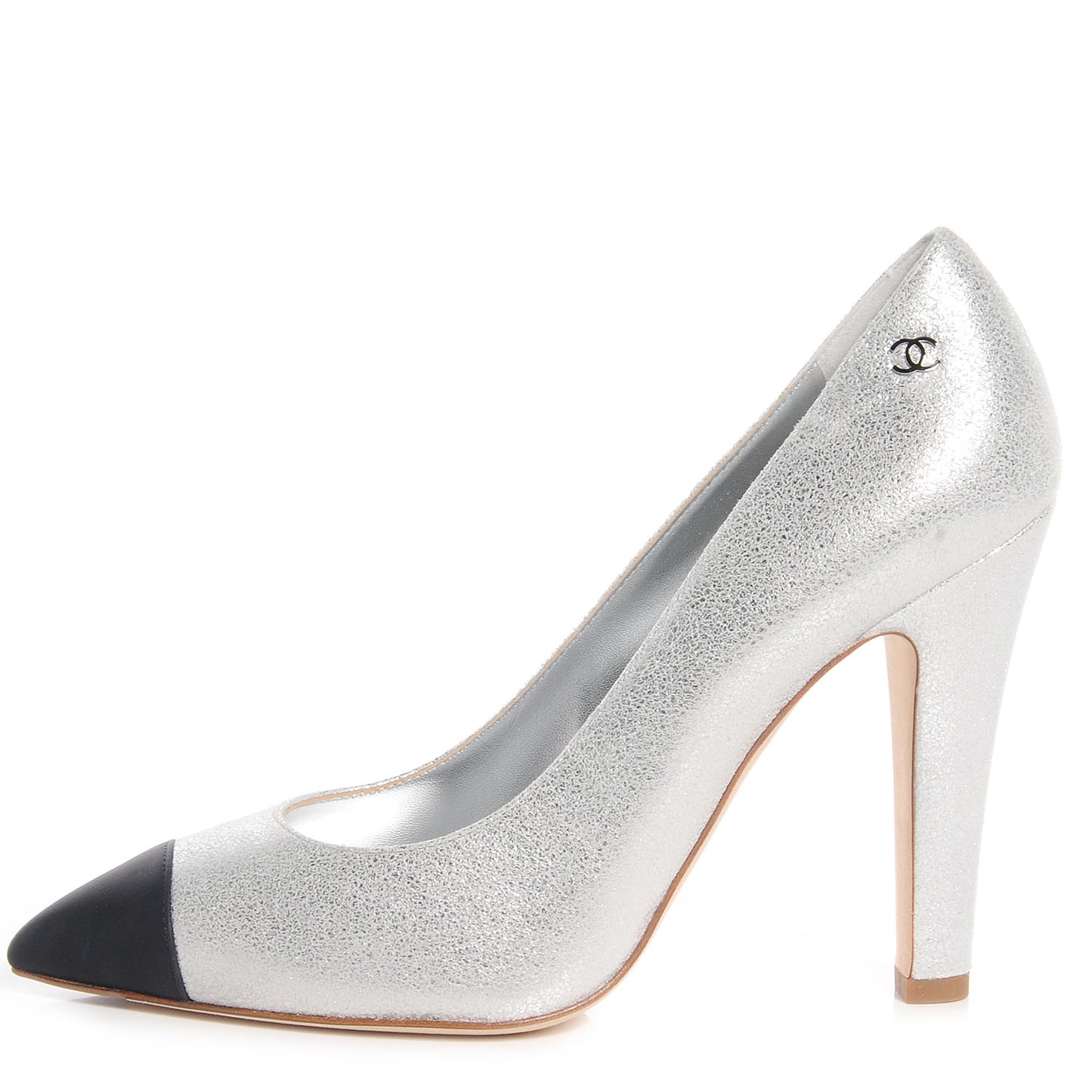 Metallic Leather Cap Toe Pumps Silver Black 37.5