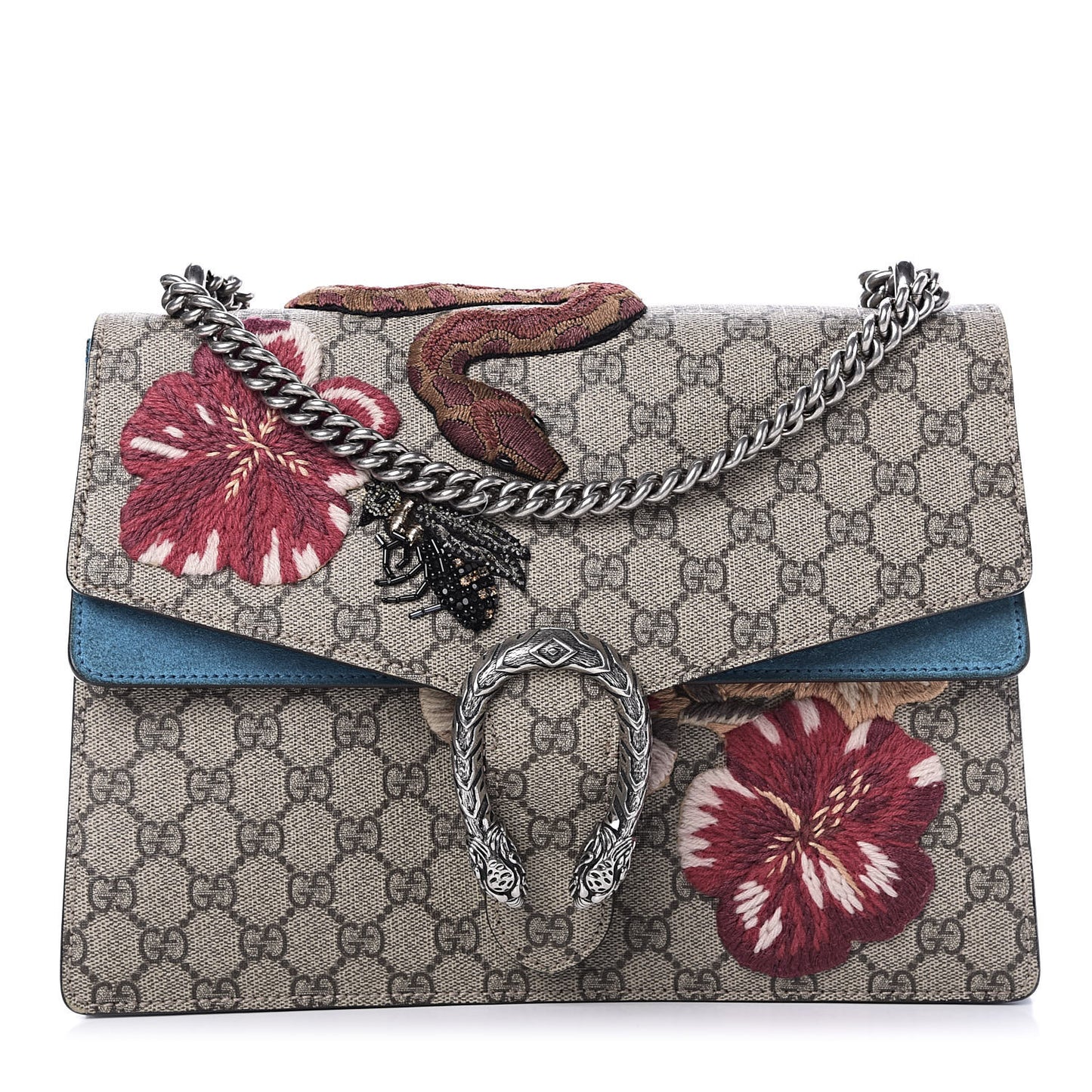 GG Supreme Monogram Bee Snake Embroidered Medium Dionysus Shoulder Bag Blue