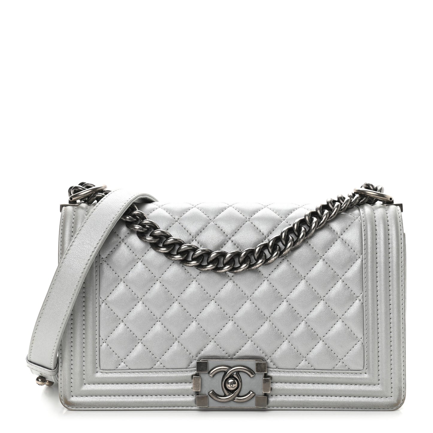 Metallic Calfskin Quilted Medium Boy Flap Silver