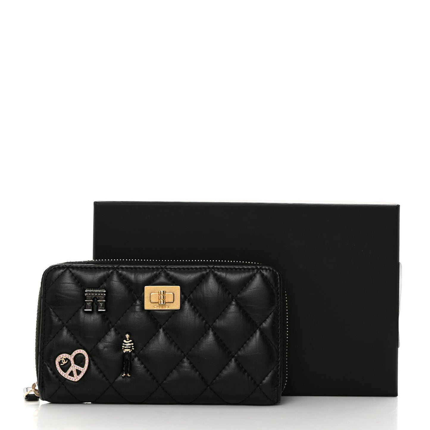 Aged Calfskin Quilted Small Lucky Charms 2.55 Reissue Zip Around Wallet Black