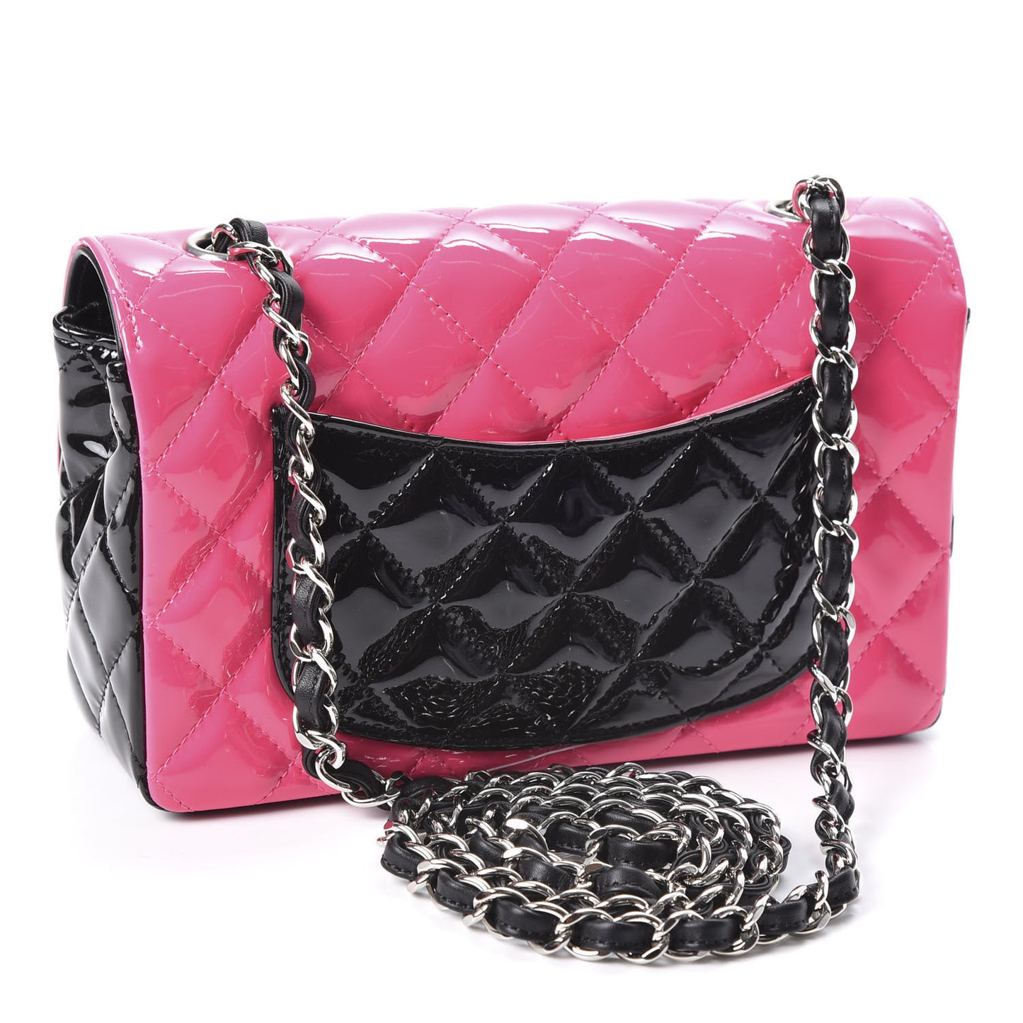 Patent Calfskin Quilted Bi-Color Mini Rectangular Flap Pink Black