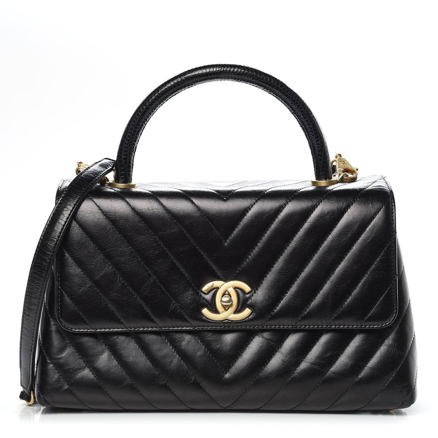 Calfskin Lizard Chevron Quilted Small Coco Handle Flap Black