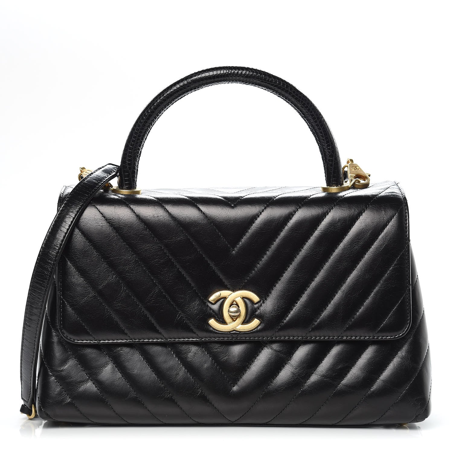 Chanel Calfskin Lizard Chevron Quilted Small Coco Handle Flap Black 1 of 13