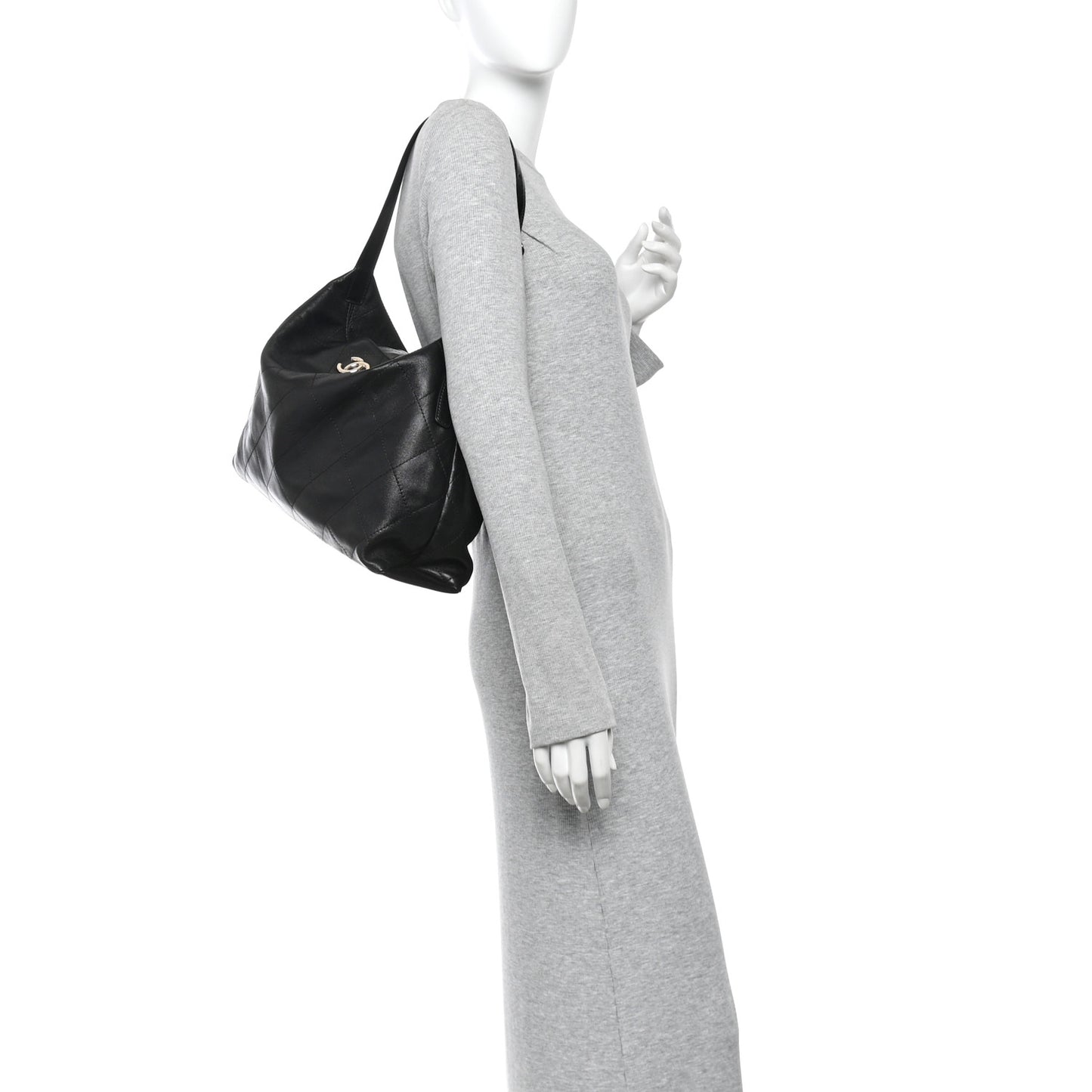 Shiny Lambskin Quilted Maxi Hobo Black