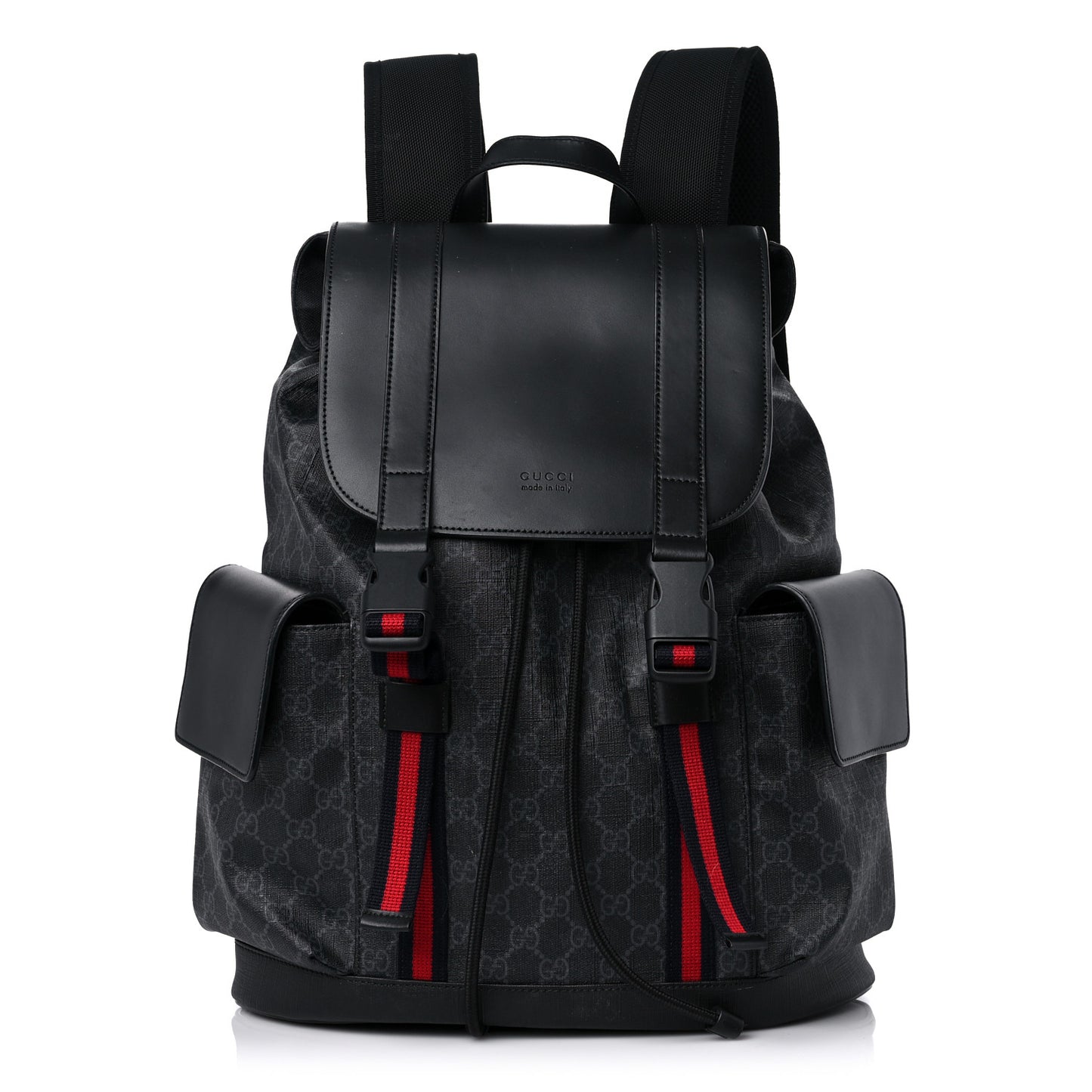 Soft GG Supreme Monogram Appia Calfskin Web Double Buckle Backpack Black