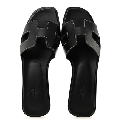 Hermes Box Calfskin Oran Sandals 39.5 Black 2 of 9