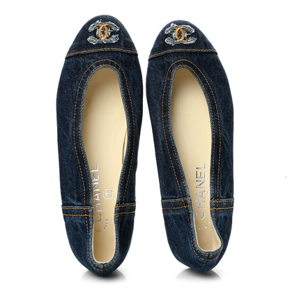 Chanel Denim CC Cap Toe Ballerina Flats 37.5 Navy Blue 2 of 9