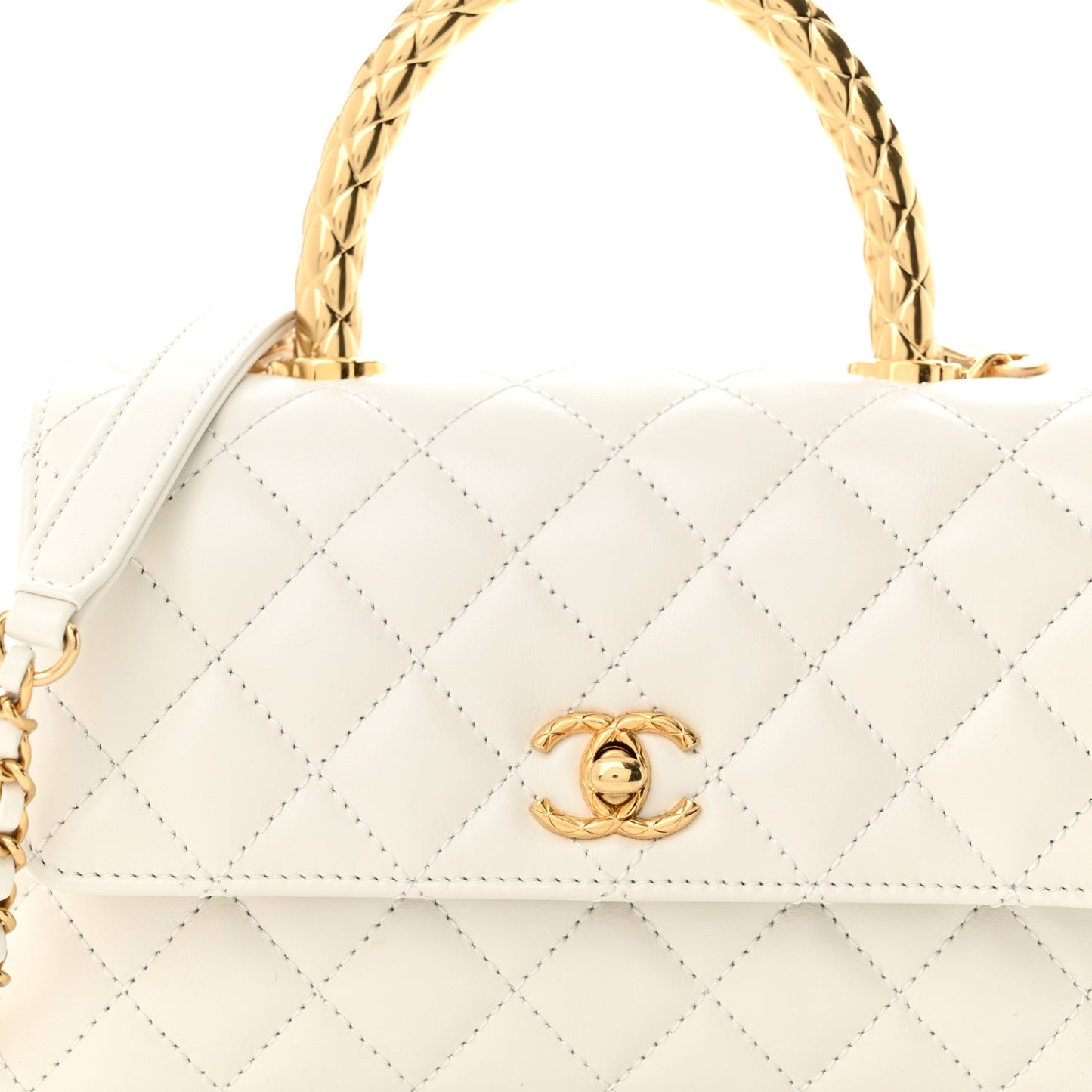 Shiny Calfskin Quilted Mini Coco Chain Gold Handle Flap White