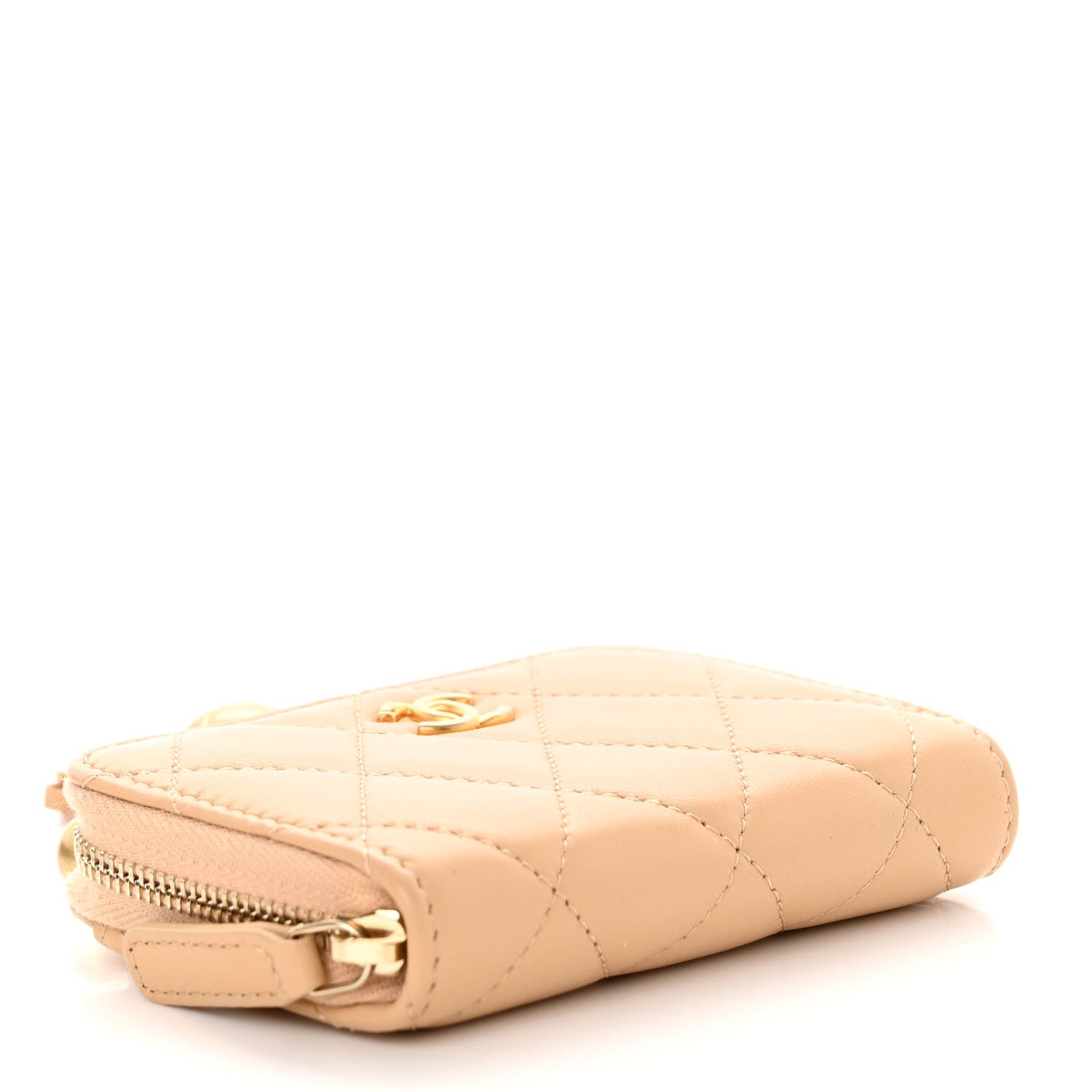 Chanel Lambskin Quilted CC Pearl Crush Zip Card Holder On Chain Beige 4 of 10
