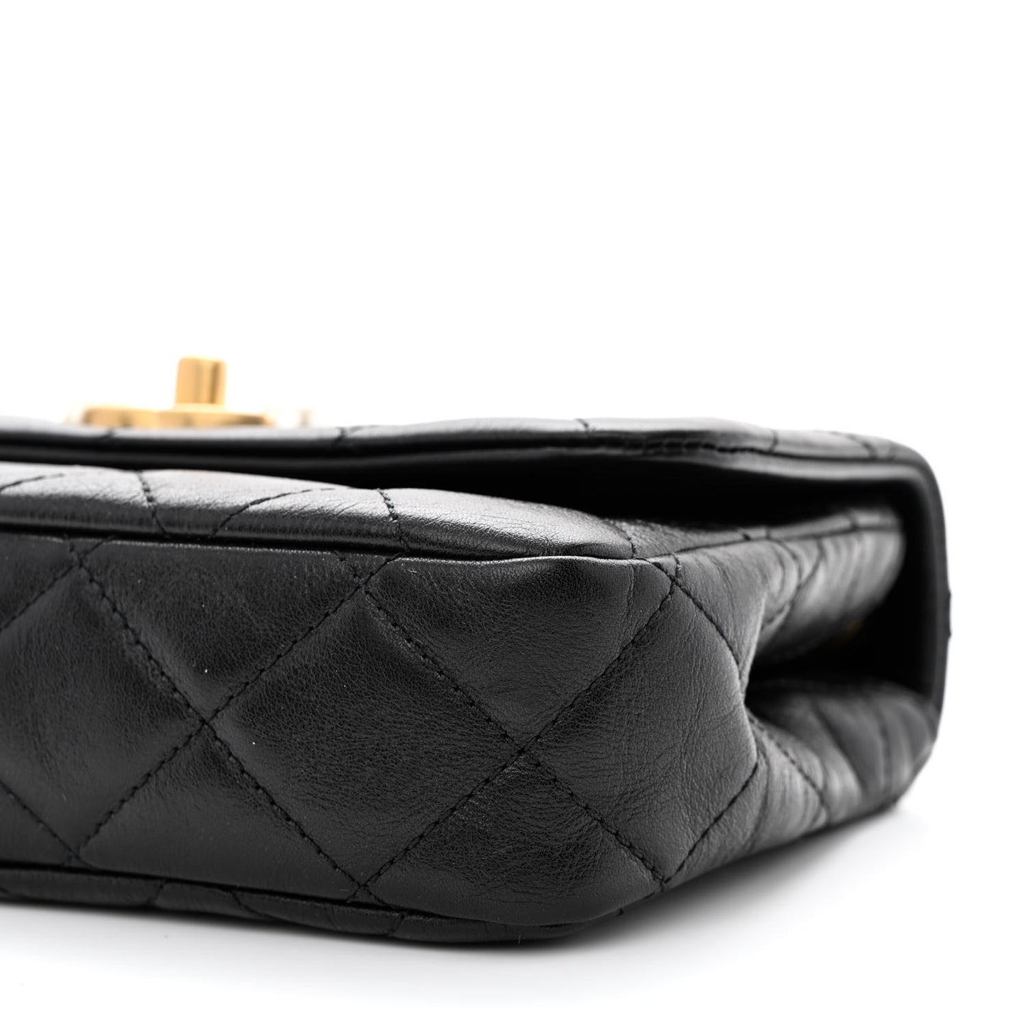 Glazed Calfskin Quilted Mini Pearl Side Flap Black