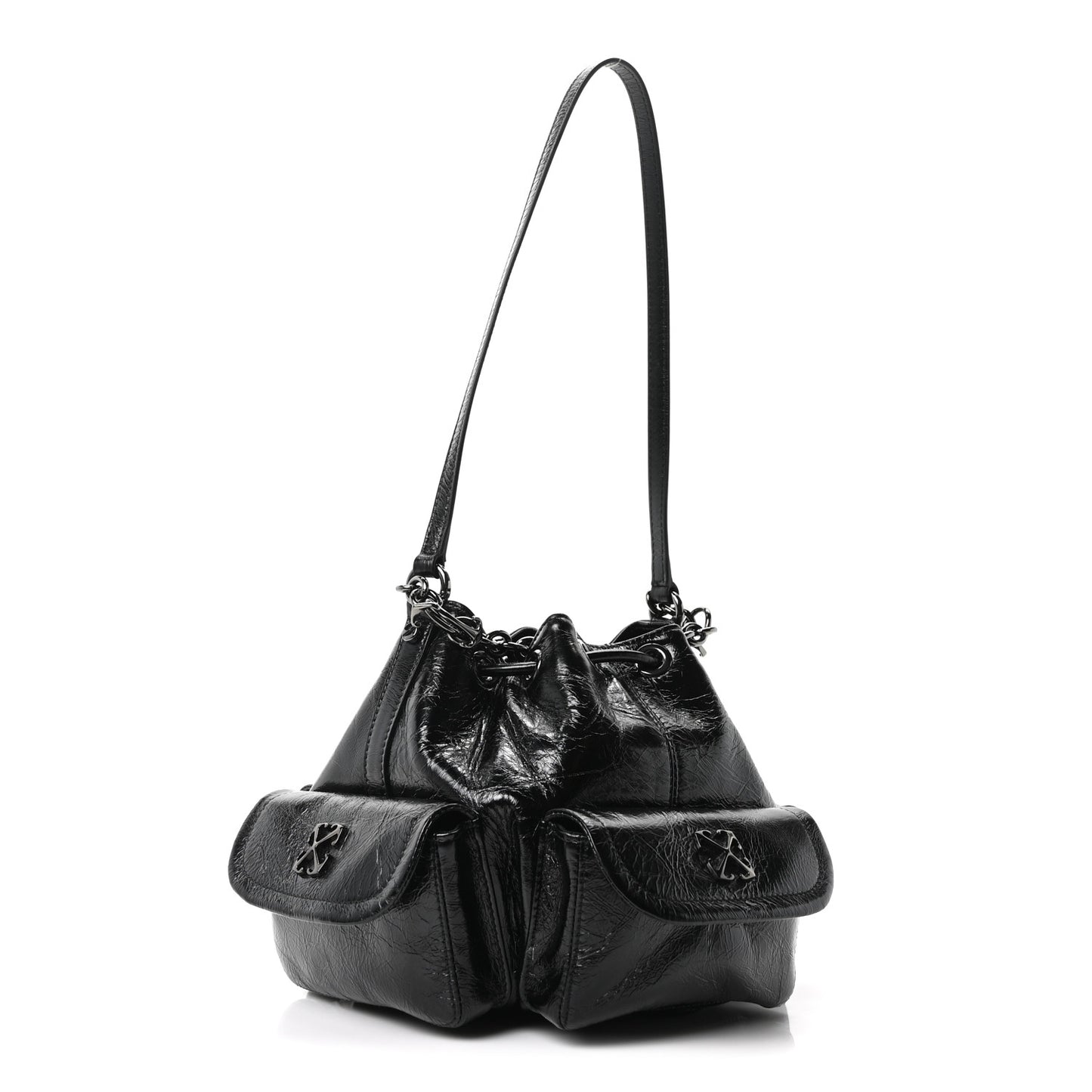 Calfskin Dumbo B Chain Pocket Bucket Bag Black