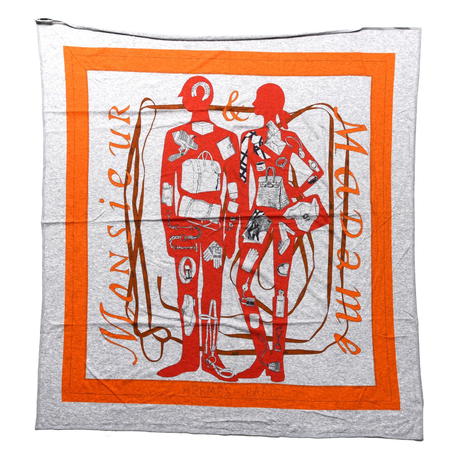 Hermes Cotton Monsieur Et Madame Scarf 90 Gris Chine Orange Rouge Vif 1 of 3