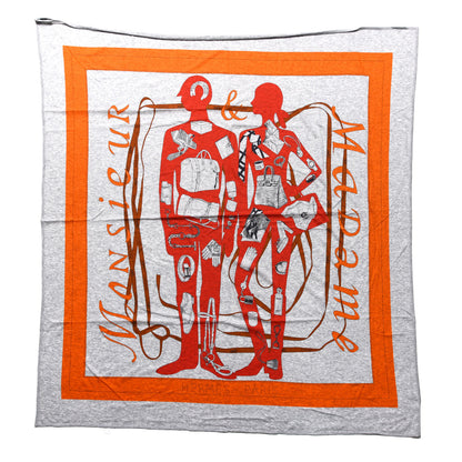 Hermes Cotton Monsieur Et Madame Scarf 90 Gris Chine Orange Rouge Vif 1 of 3