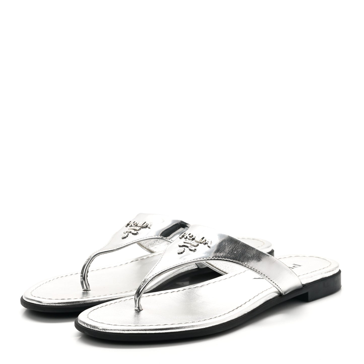 Metallic Calfskin Logo Thong Sandals 37 Silver