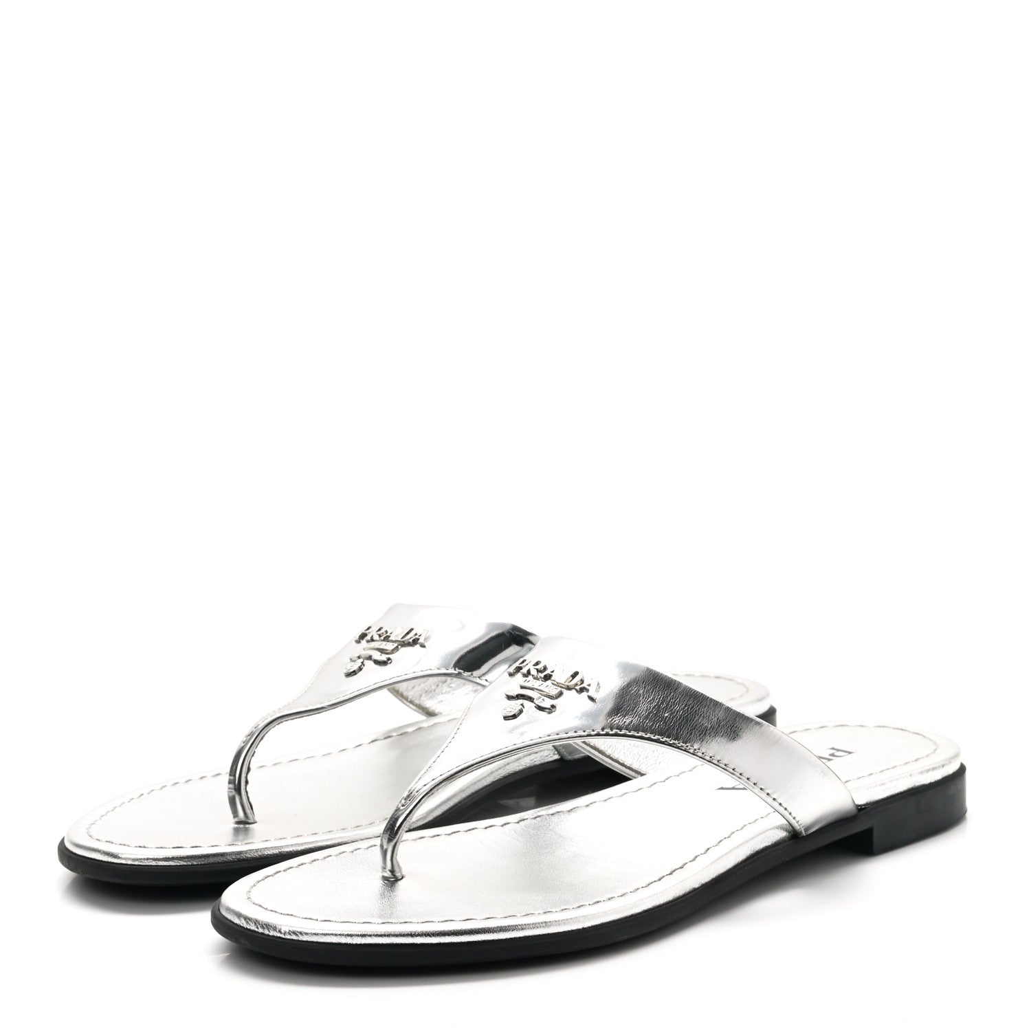 Prada Metallic Calfskin Logo Thong Sandals 37 Silver 3 of 7