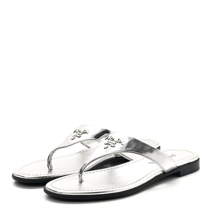 Prada Metallic Calfskin Logo Thong Sandals 37 Silver 3 of 7
