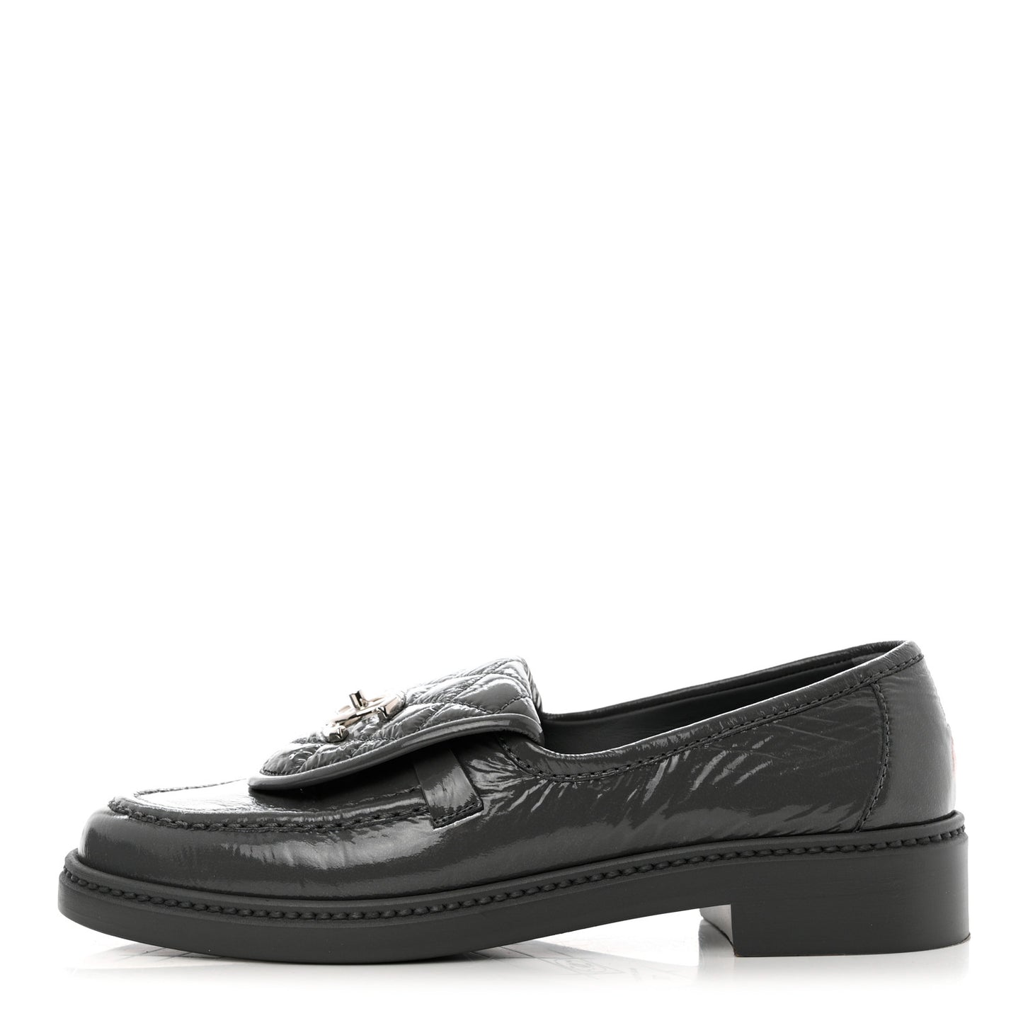 Crumpled Shiny Lambskin Quilted CC Turnlock Loafers 37 Dark Grey