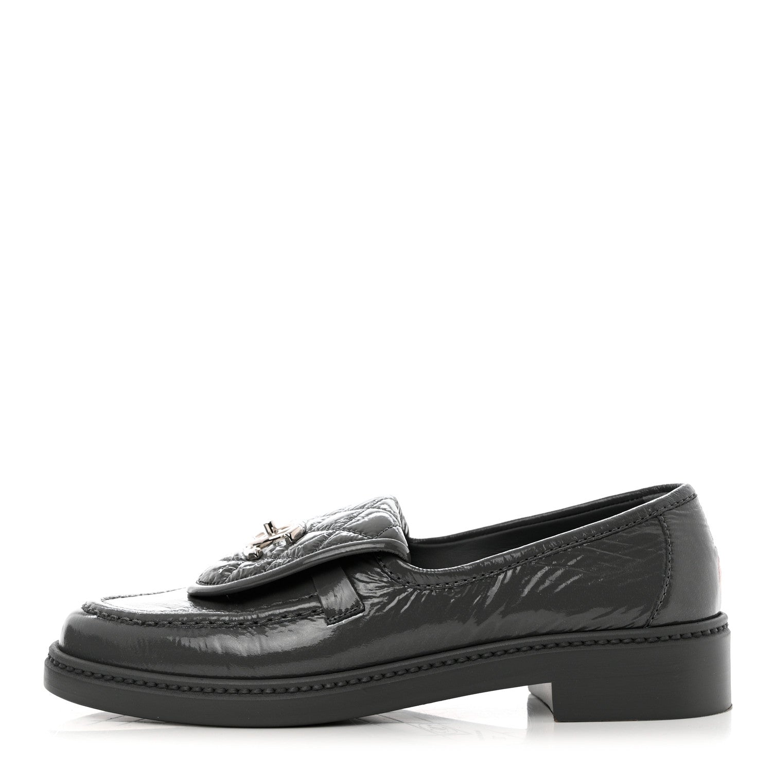 Chanel Crumpled Shiny Lambskin Quilted CC Turnlock Loafers 37 Dark Grey 1 of 9