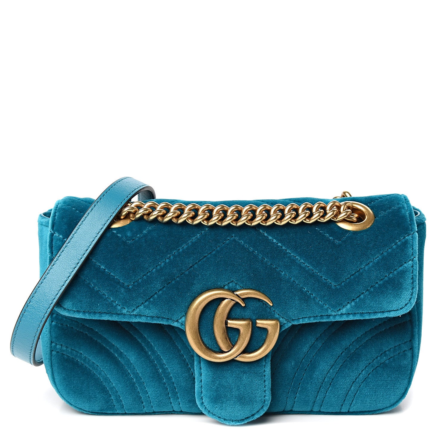 Gucci Velvet Matelasse Mini GG Marmont Shoulder Bag Pavone Cyan 1 of 9