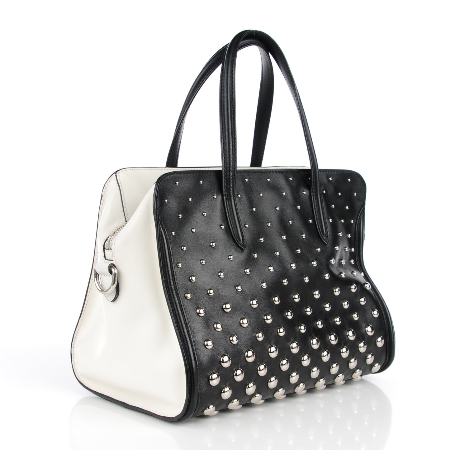 Calfskin Studded Small Padlock Tote Black White