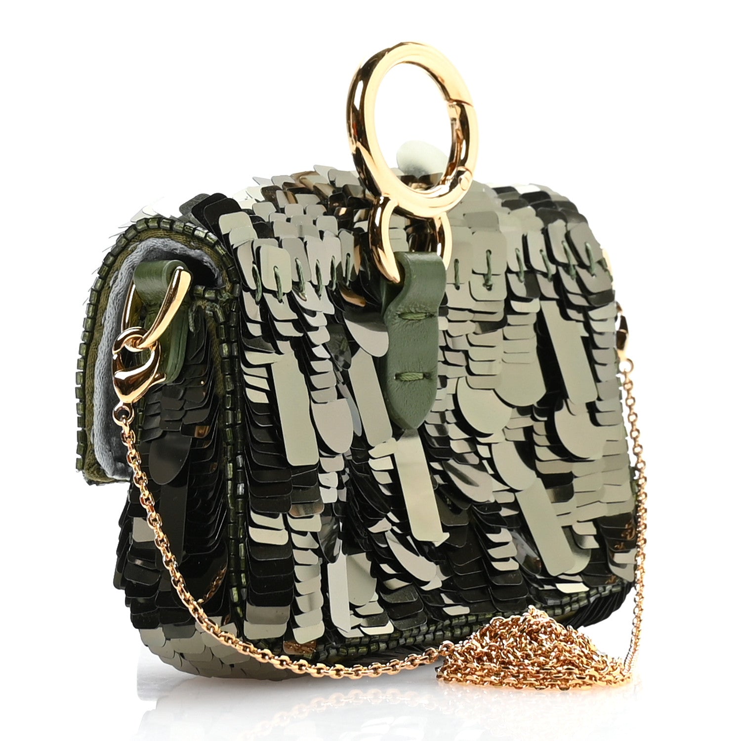 Fendi Sequin Paillettes Shiny Nappa Sex and the City Nano Maxi Buckle Baguette Charm  Avocado 3 of 10