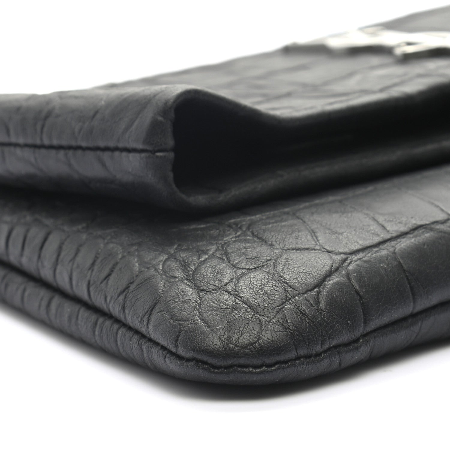 Saint Laurent Calfskin Crocodile Embossed West Hollywood Monogram Fold Over Clutch Black 7 of 8