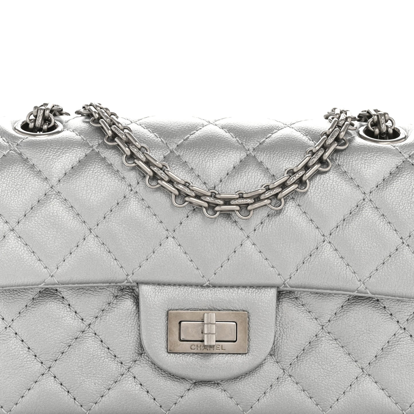 Metallic Grained Calfskin Quilted 2.55 Reissue Mini Flap Argent