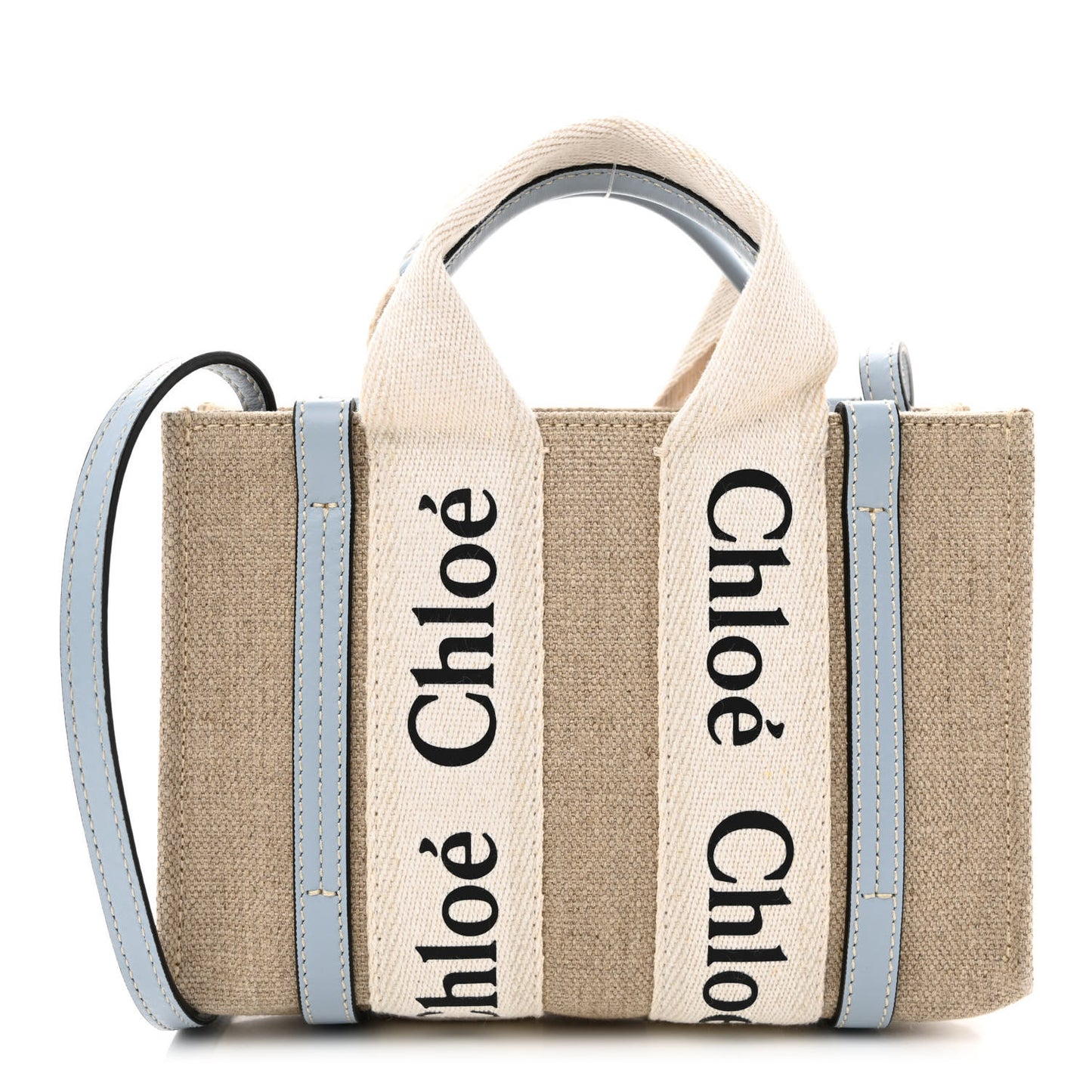 Linen Calfskin Mini Woody Ribbon Tote White Blue