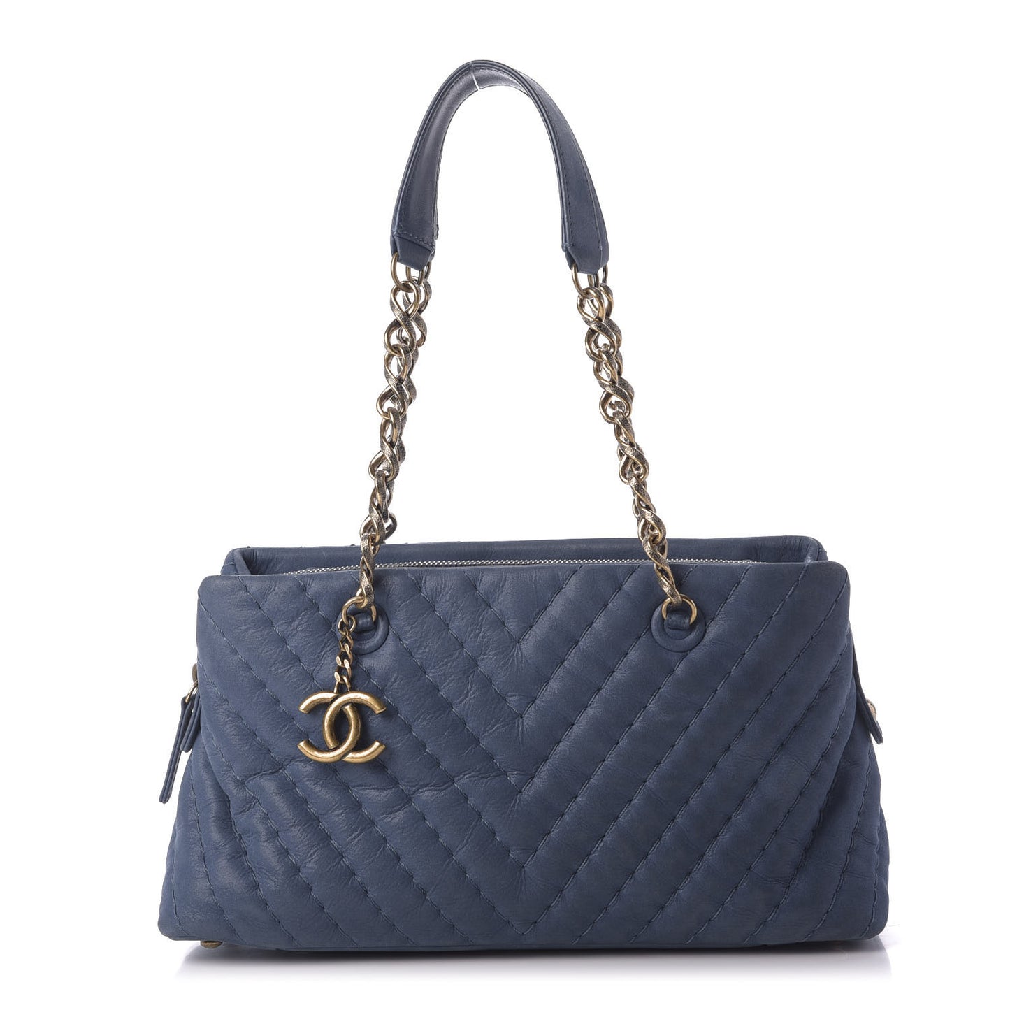 Iridescent Calfskin Chevron Quilted Surpique Tote Dark Blue