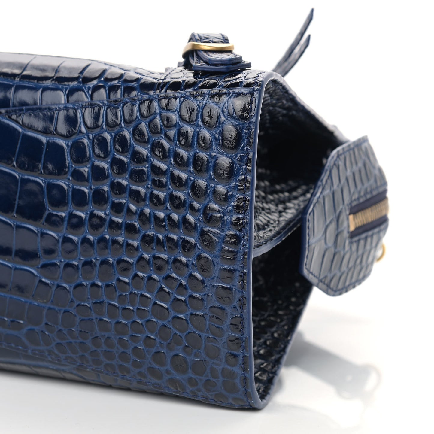 Shiny Supple Calfskin Crocodile Embossed Neo Classic Gold Hardware S City Navy