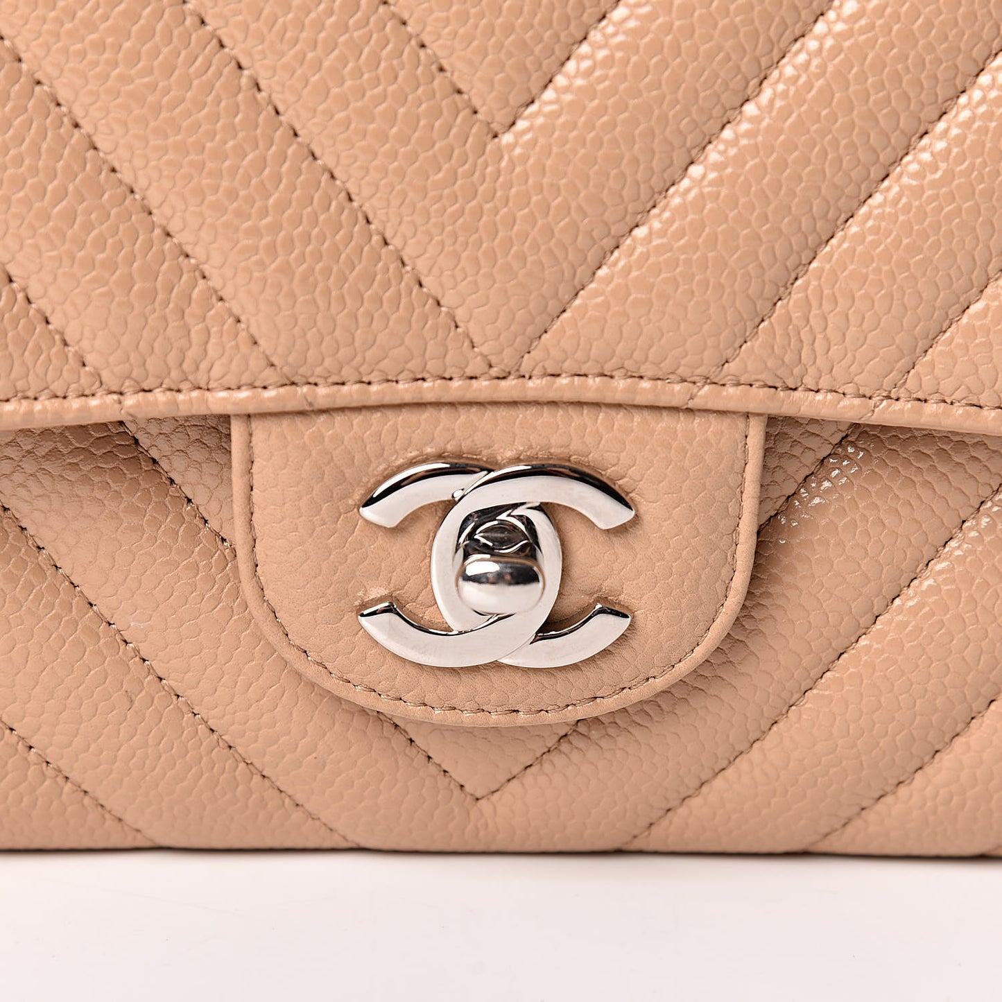 Caviar Chevron Quilted Medium Double Flap Beige