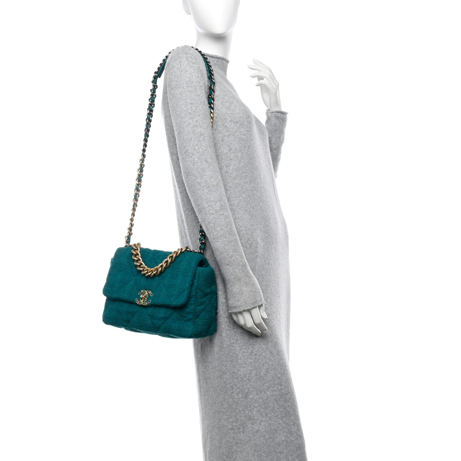 Chanel Tweed Quilted Large Chanel 19 Flap Green 2 of 13