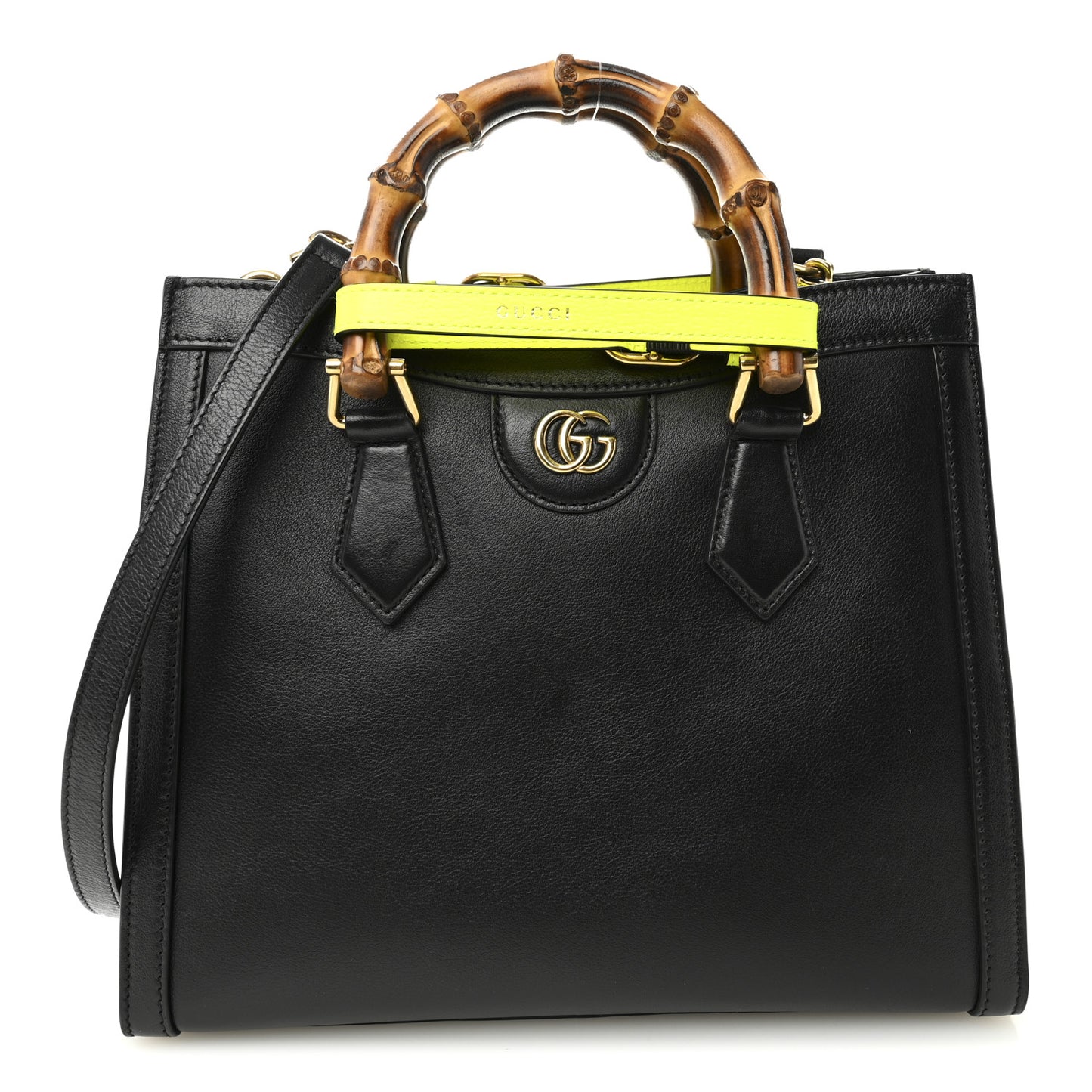 Calfskin Small Diana Tote Bag Black Yellow Fluo