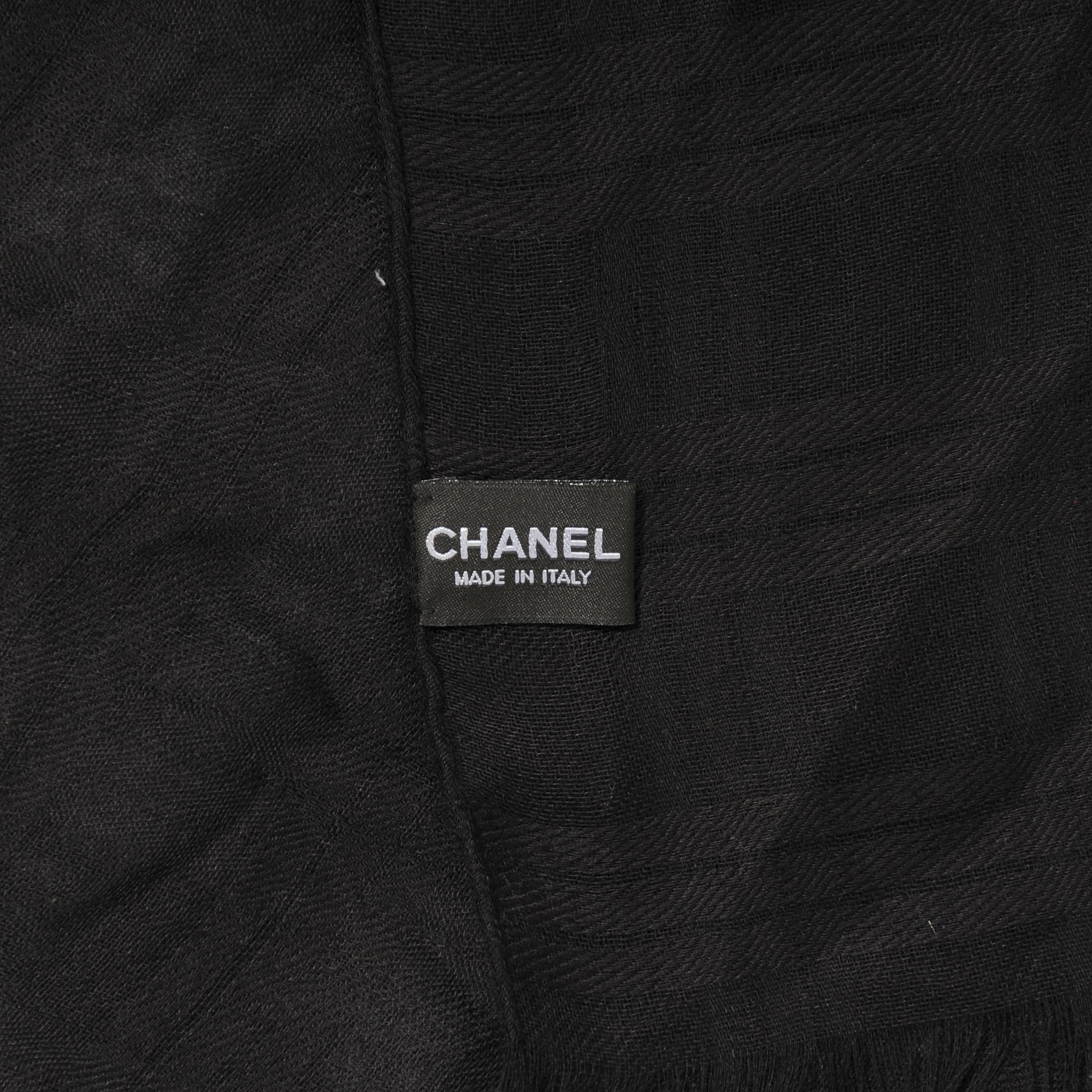 Chanel Cashmere Silk Sequins Plaid Logo Scarf Shawl Black White 6 of 7