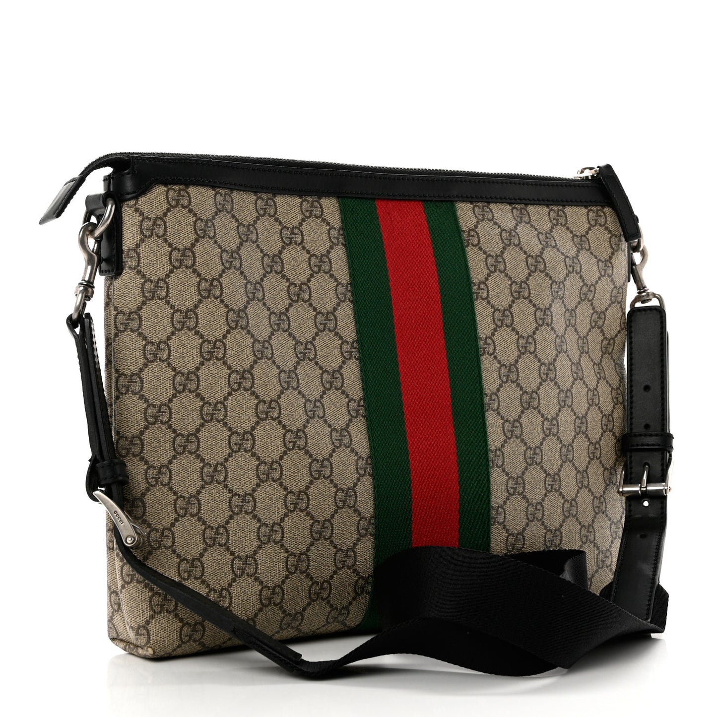 GG Supreme Monogram Calfskin Web Medium Flat Messenger Bag Beige Ebony Black
