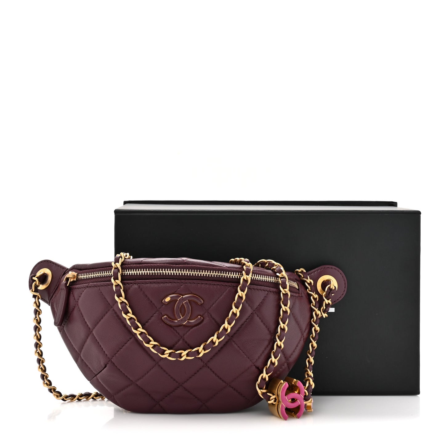 Shiny Lambskin Enamel Quilted Waist Bag Fanny Pack Burgundy Burgundy
