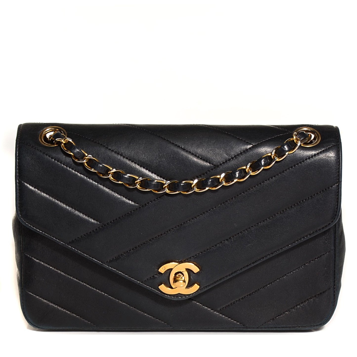 Lambskin Chevron Small Single Flap Navy Blue