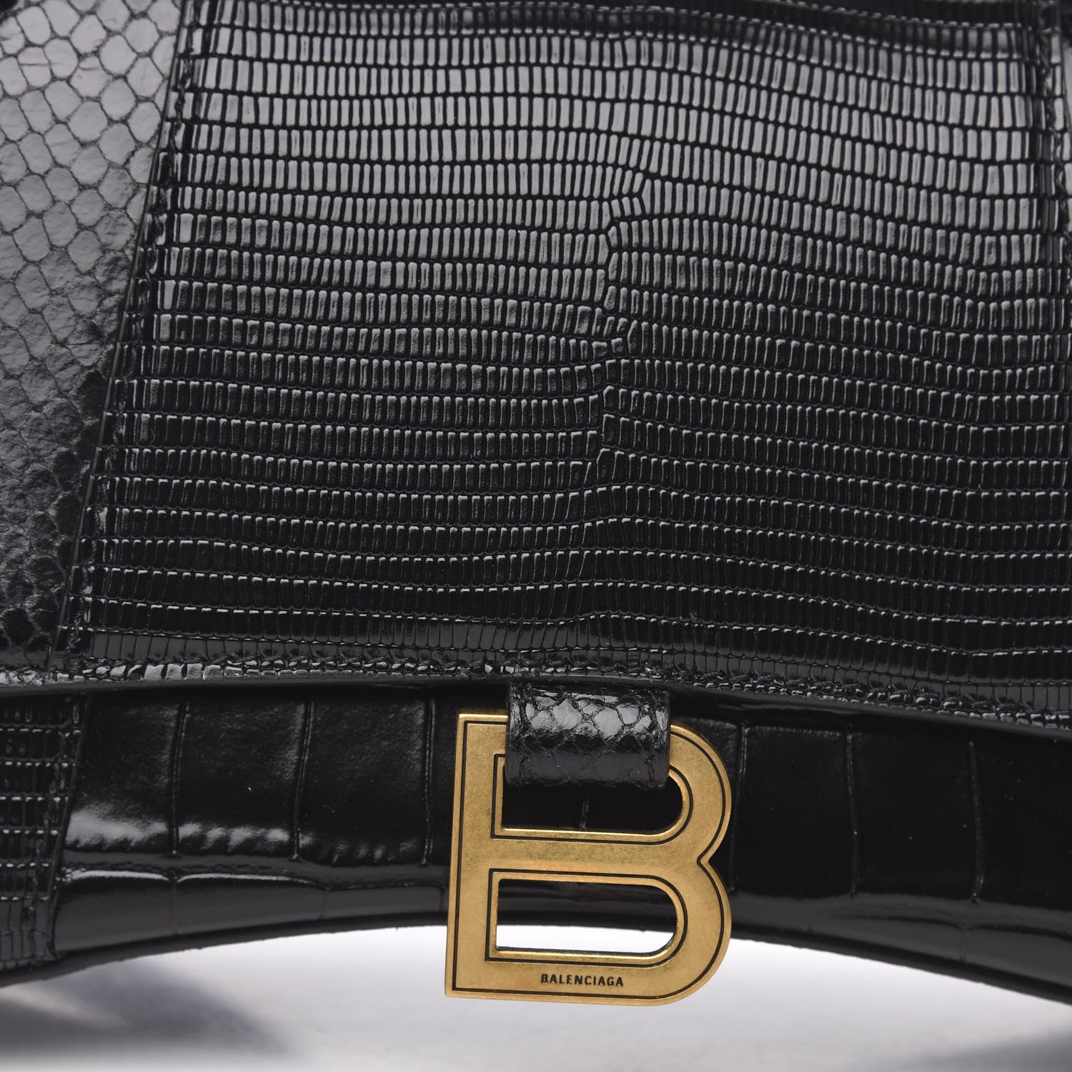 Balenciaga Calfskin Crocodile Lizard Embossed Small Patchwork Hourglass Top Handle Bag Black 7 of 10
