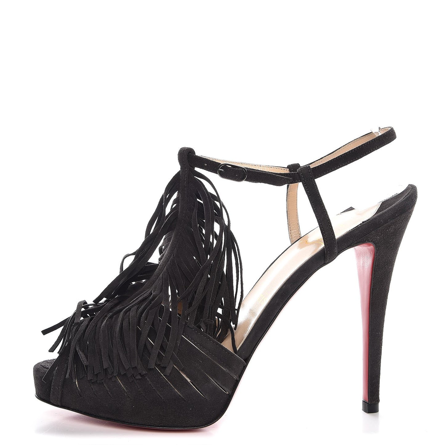 Suede Fringe 120 Platform T-Strap Sandals 38 Black