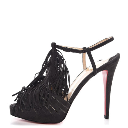 Christian Louboutin Suede Fringe 120 Platform T-Strap Sandals 38 Black 1 of 8