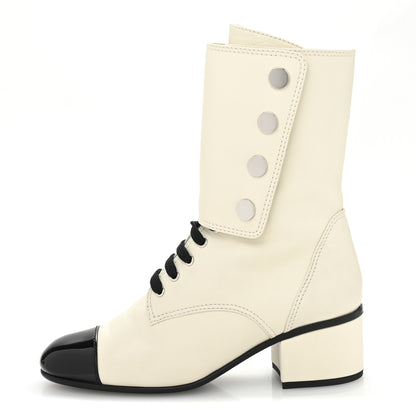 Chanel Calfskin Patent Cap Toe CC Lace Up Boots 38 Ivory Black 1 of 12